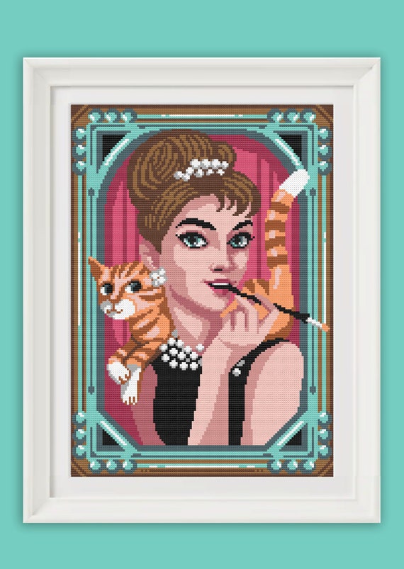 Cross Stitch Pattern - Audrey Hepburn and Cat - Breakfast at
