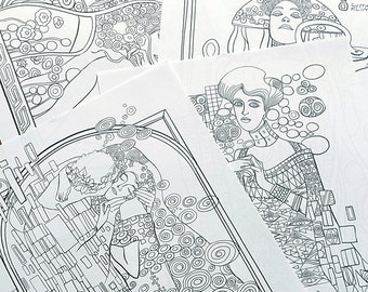 Klimt BUNDLE I - 5 Coloring pages - Gustav Klimt and Mrs Peggotty - Klimt paintings to coloring-  5 PDF ready to download