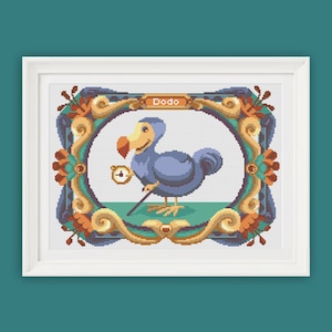 May include: A cross-stitch pattern featuring a cartoon Dodo bird holding a pocket watch and a walking stick. The bird is surrounded by a decorative frame with floral accents and the word "Dodo" at the top.