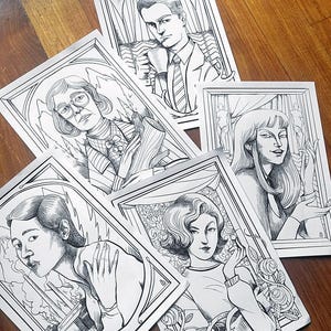 May include: Five black and white illustrations of people in ornate frames. Each illustration is a portrait of a person with a unique style and expression. The illustrations are drawn in a detailed and realistic style.