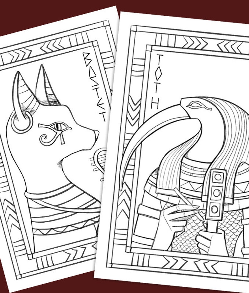 May include: Two black and white line drawings of Egyptian gods. The first image is of Bastet, the cat goddess, and the second image is of Thoth, the god of wisdom and knowledge.