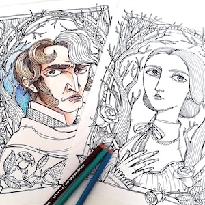 2 Disegni da colorare PDF - Jane Eyre e Mr Rochester - Charlotte Bronte -  ritratto di Jane e Rochester -  subito scaricabile