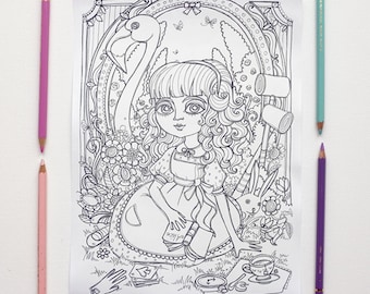 Alice in wonderland- Coloring page JPG from Lewis Carroll masterpiece - Instant download - Art Printable illustration