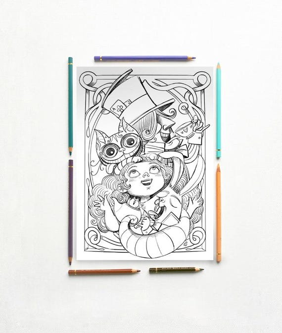 Disegno da colorare PDF- Alice nel paese delle meraviglie - Alice prende il tea con i suoi amici - Lewis Carroll - subito scaricabile