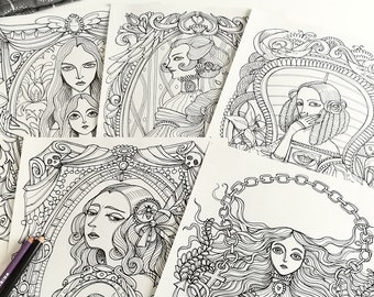 Coloring book - 5 PDF Edgar Allan Poe -  coloring pages Instant download - Printable illustration
