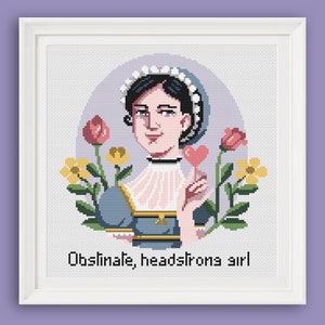 May include: Cross-stitch pattern featuring a portrait of a woman with a white cap and a pink heart in her hand. The text "Obstinate, headstrong girl" is below the portrait.
