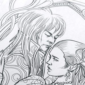 May include: A black and white line drawing of a couple embracing. The man has long hair and is wearing a patterned shirt. The woman has her hair pulled back and is wearing a necklace and earrings.
