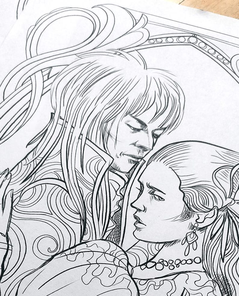 May include: A black and white line drawing of a couple embracing. The man has long hair and is wearing a patterned shirt. The woman has her hair pulled back and is wearing a necklace and earrings.
