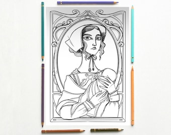 Coloring page - Hester Prynne and Pearl - The Scarlet Letter - Nathaniel Hawthorne - Instant download - Printable illustration