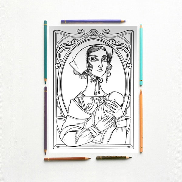 Coloring page - Hester Prynne and Pearl - The Scarlet Letter - Nathaniel Hawthorne - Instant download - Printable illustration