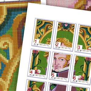 May include: A cross-stitch pattern chart with nine different sections, each showing a different part of a larger design. The design features a man with a beard and a moustache, wearing a purple jacket and a white shirt. The background is green and gold, with a floral design.