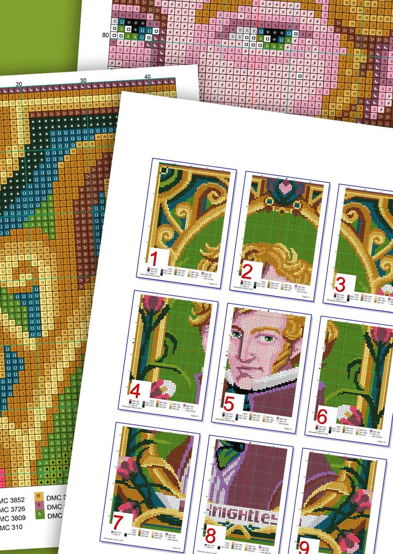 May include: A cross-stitch pattern chart with nine different sections, each showing a different part of a larger design. The design features a man with a beard and a moustache, wearing a purple jacket and a white shirt. The background is green and gold, with a floral design.