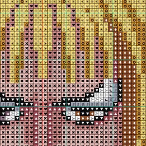 May include: A cross-stitch pattern with a variety of symbols, including hearts, stars, moons, and umbrellas. The pattern is in shades of brown, pink, and yellow.