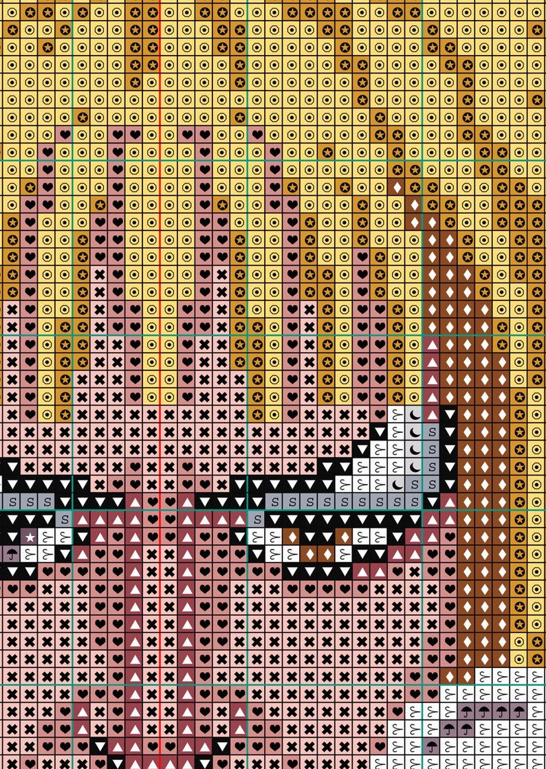 May include: A cross-stitch pattern with a variety of symbols, including hearts, stars, moons, and umbrellas. The pattern is in shades of brown, pink, and yellow.