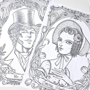 May include: Two black and white line art illustrations on paper. One depicts a person in a top hat labeled Mr. K, and the other shows a person in a bonnet labeled Emma Woodhouse. Both portraits are framed by intricate floral and scrollwork borders.