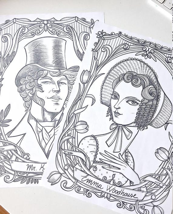 Jane Austen -Emma e Mr Knightley - 2 disegni da colorare PDF - Emma - subito scaricabile