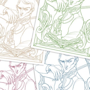 May include: Four different line drawings of a person playing a violin. Each drawing is in a different color: green, brown, blue, and red. The drawings are set against a background of ornate floral designs.