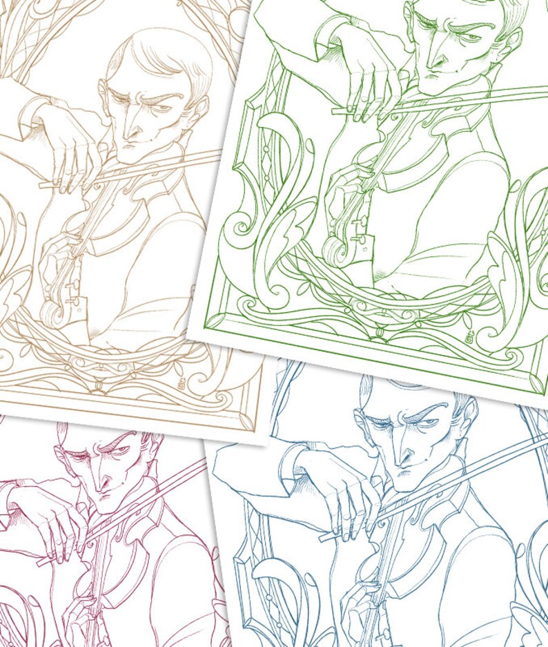 May include: Four different line drawings of a person playing a violin. Each drawing is in a different color: green, brown, blue, and red. The drawings are set against a background of ornate floral designs.
