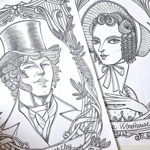 May include: Two black and white line art illustrations on paper. One depicts a man in a top hat labeled Mr. Knightley, and the other shows a person in a bonnet labeled Emma Woodhouse. Both portraits are framed by intricate botanical borders.