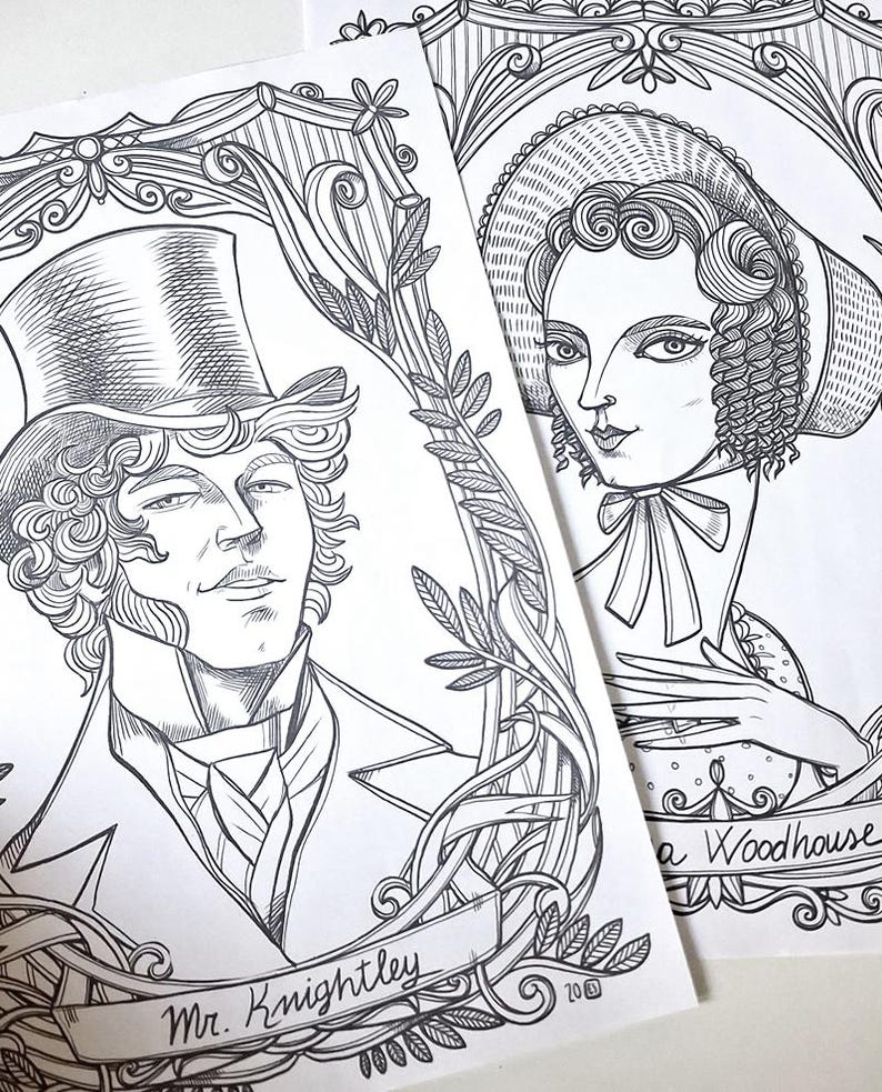 May include: Two black and white line art illustrations on paper. One depicts a man in a top hat labeled Mr. Knightley, and the other shows a person in a bonnet labeled Emma Woodhouse. Both portraits are framed by intricate botanical borders.