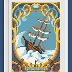 May include: A framed cross-stitch design depicting a ship sailing through stormy seas. The ship is brown with white sails and is surrounded by blue water and white waves. The frame is gold with a blue background and the words "N ENDURANCE" are written in gold at the bottom.