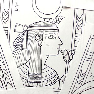 May include: Line drawing of an Egyptian goddess with a headdress, a cobra, and a lotus flower. The goddess is wearing a necklace and a headband. The drawing is in black and white.