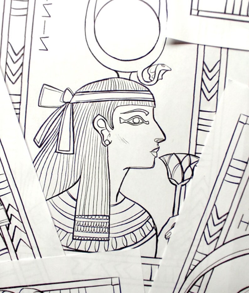 May include: Line drawing of an Egyptian goddess with a headdress, a cobra, and a lotus flower. The goddess is wearing a necklace and a headband. The drawing is in black and white.