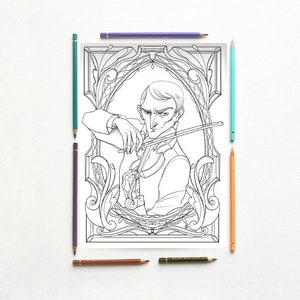 May include: A black and white line drawing of a person playing a violin. The person is dressed in a formal outfit and is surrounded by an ornate frame.