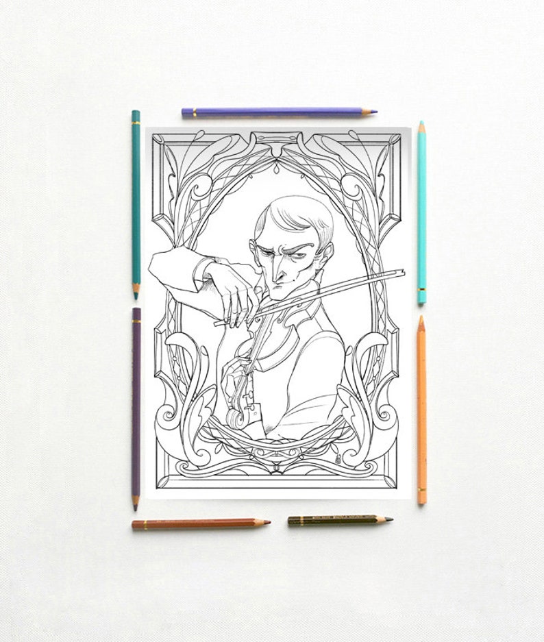 May include: A black and white line drawing of a person playing a violin. The person is dressed in a formal outfit and is surrounded by an ornate frame.