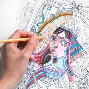 May include: A coloring book page featuring a detailed illustration of the Queen of Hearts from Alice in Wonderland. The queen is wearing a red and blue dress with a crown and a heart-shaped necklace. The background is filled with hearts, playing cards, and other whimsical details.