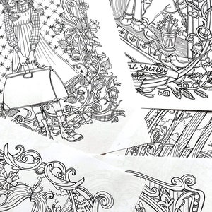 May include: Four black and white coloring pages featuring intricate illustrations of women and floral designs. The pages include a woman with a suitcase, a woman looking out a window, and two women with floral headbands.