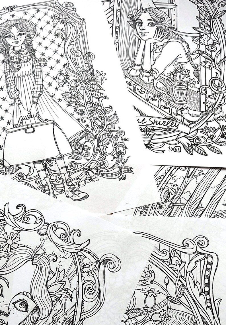 May include: Four black and white coloring pages featuring intricate illustrations of women and floral designs. The pages include a woman with a suitcase, a woman looking out a window, and two women with floral headbands.
