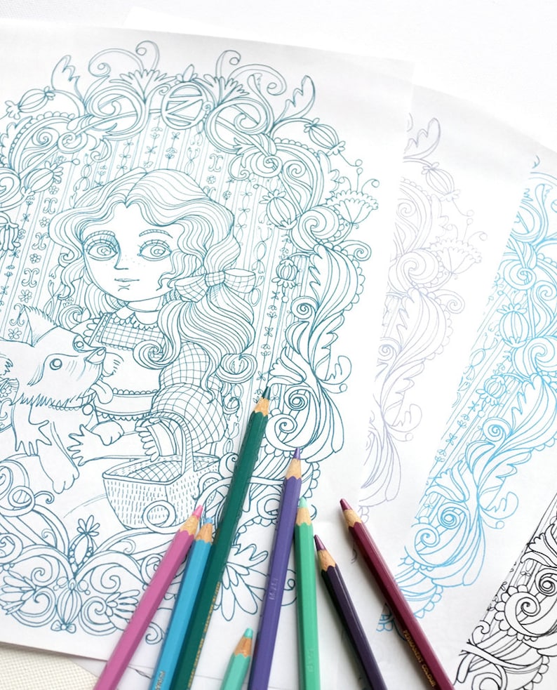 May include: A coloring book page with a detailed illustration of a girl and a dog. The girl has long, curly hair and is wearing a dress. The dog is sitting next to her. The page is surrounded by a border of intricate designs. There are six colored pencils on the page.