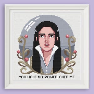 Può includere: Opera d'arte a punto croce incorniciata con un ritratto pixelato di una donna con lunghi capelli neri e un'espressione seria. L'opera include il testo "YOU HAVE NO POWER OVER ME" ed è circondata da elementi floreali decorativi.