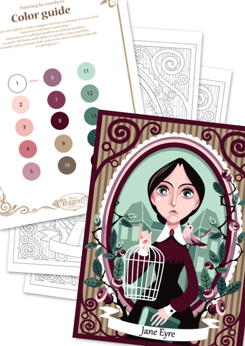 May include: A coloring book page featuring a portrait of Jane Eyre, a fictional character from the novel by Charlotte Bront&euml;. The illustration is in a vintage style with a bird, a cage, and a book. The page is part of a larger coloring book with a color guide.