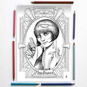 Può includere: Illustrazione in bianco e nero di una donna con i capelli corti e ricci che indossa una collana di perle e tiene una pistola. La donna è incorniciata in un bordo in stile art déco con il testo "Miss Fisher" in basso.