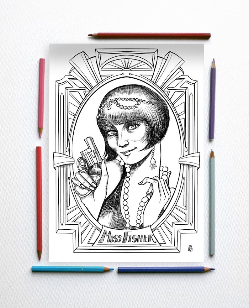 May include: Black and white line art illustration of a woman with short bobbed hair wearing a pearl necklace and holding a gun. The woman is framed in an art deco style border with the text "Miss Fisher" at the bottom.