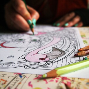 May include: A person coloring a detailed black and white drawing of a flamingo with colored pencils. The flamingo is pink with a black head and a red beak. The drawing is on a white sheet of paper.