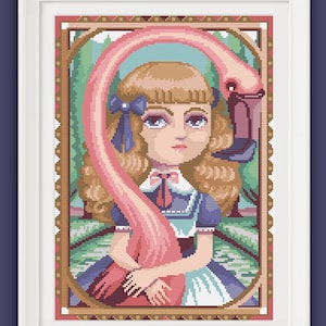 May include: A cross-stitch pattern depicting a young girl with blonde hair and a blue bow, holding a pink flamingo in a green and blue landscape. The image is framed in a gold frame.