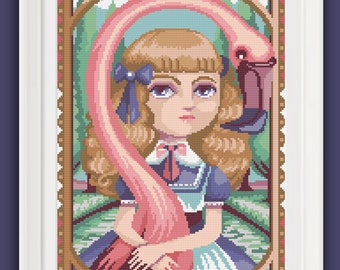 Puede incluir: Un patrón de punto de cruz con una niña joven de cabello rubio y un lazo azul, sosteniendo un flamenco rosa en un paisaje verde y azul. La imagen está enmarcada en un marco dorado.