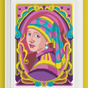 May include: A colorful cross-stitch pattern of a woman wearing a blue and pink patterned headscarf with a pearl earring. The woman is framed in a yellow and gold ornate design.