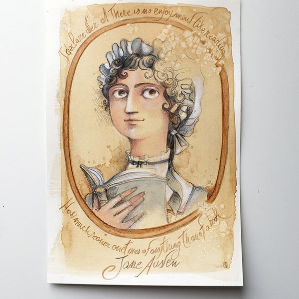 Jane Austen ritratto con citazione - pastelli e acquerello su carta- Originali OOAK - 24x29.5 cm