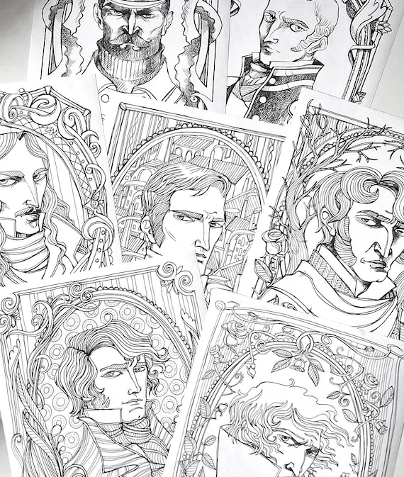 COLORING BOOK 7 disegni- Mr Darcy, Heathcliff, Mr Rochester, Mr Thornton, Dracula -Fidanzati Letterari  7 Illustrazioni subito scaricabili