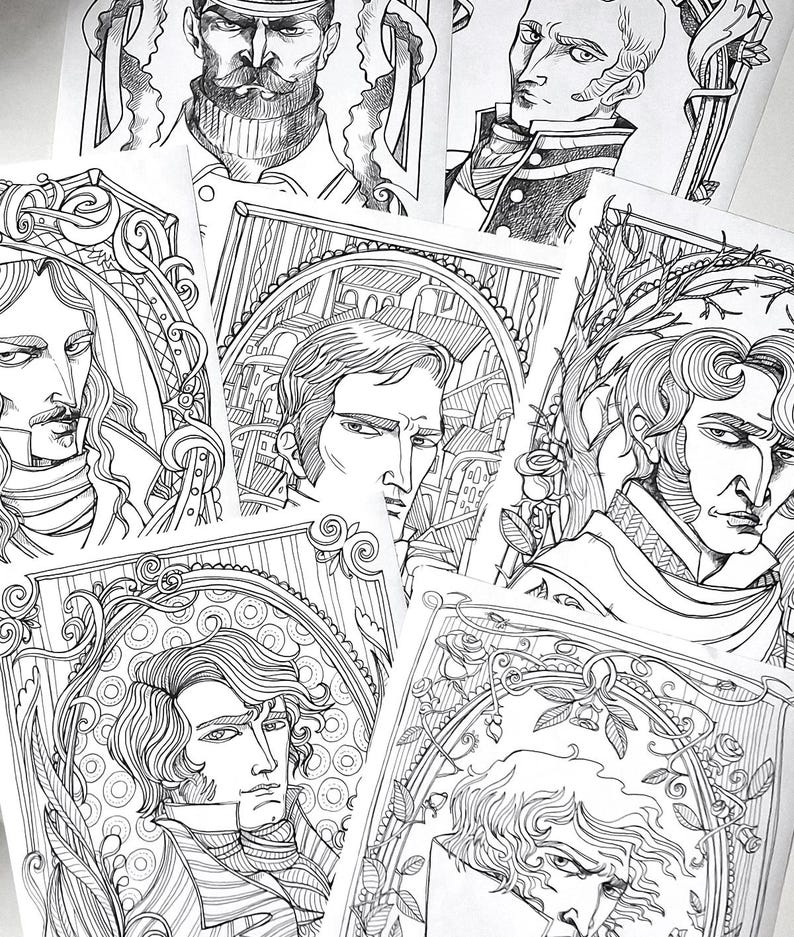 COLORING BOOK PDF 7 different designs - Mr Darcy, Rochester, Heathcliff, Mr Thornton, Count Dracula - The Literary Boyfriends bundle image 1