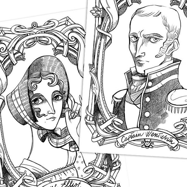 Coloring pages PDF - Persuasion - Captain Wentworth and Anne Elliot portraits- Jane Austen -Instant download - Art Printable illustrations