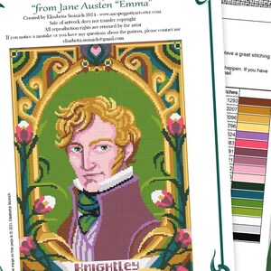 May include: Cross stitch pattern featuring a portrait of Mr. Knightley from Jane Austen's novel "Emma". The pattern includes a detailed illustration of Mr. Knightley with a green background and gold accents. The pattern is titled "Mr. Knightley" and includes the text "from Jane Austen "Emma"" and "Mrs. Peggotty Antique Paintings".