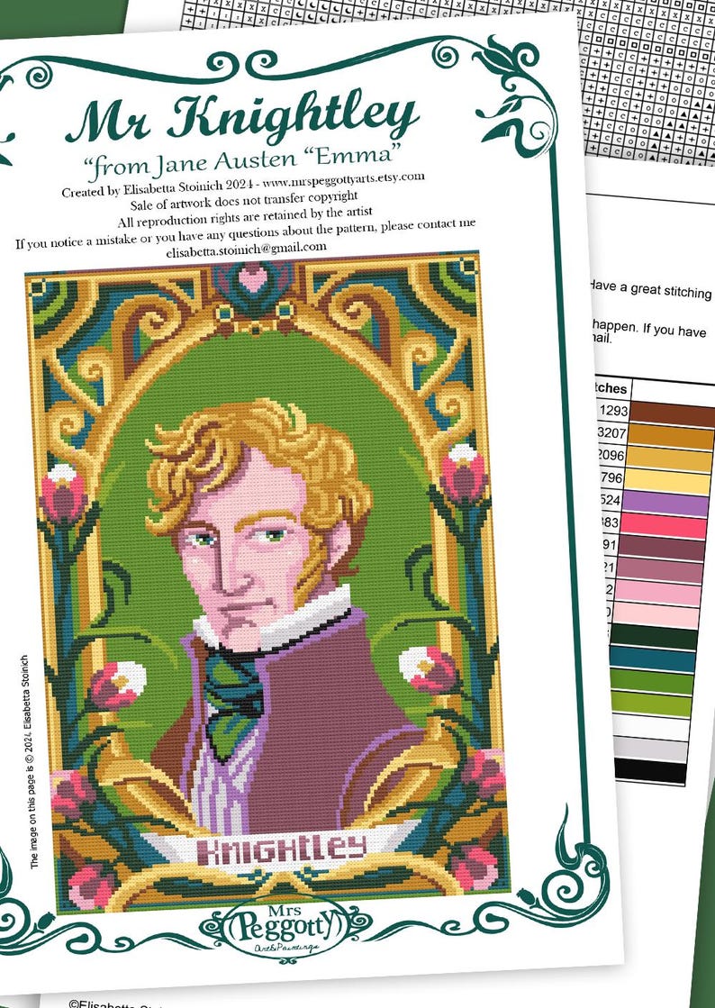 May include: Cross stitch pattern featuring a portrait of Mr. Knightley from Jane Austen's novel "Emma". The pattern includes a detailed illustration of Mr. Knightley with a green background and gold accents. The pattern is titled "Mr. Knightley" and includes the text "from Jane Austen "Emma"" and "Mrs. Peggotty Antique Paintings".