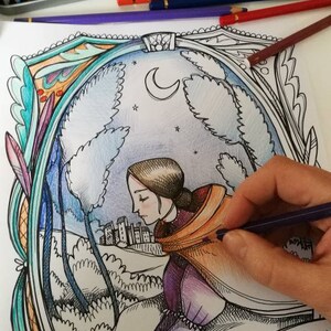 May include: A black and white illustration of a woman in a purple dress and orange cloak, standing in a forest with a castle in the background. The illustration is surrounded by a decorative frame. The text "I am no bird and no net ensnares me. I am a free human being with an independent will." is written below the illustration.