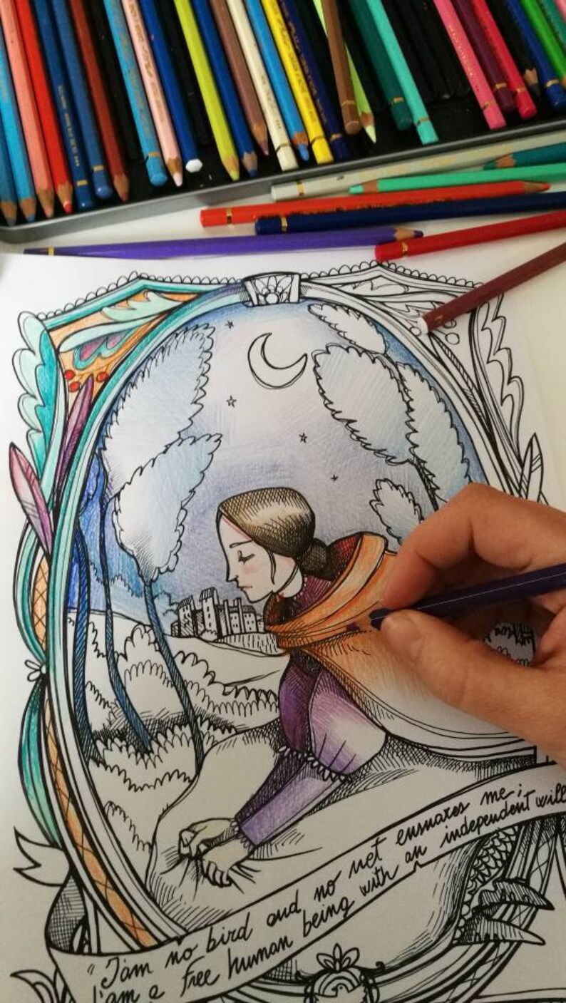 May include: A black and white illustration of a woman in a purple dress and orange cloak, standing in a forest with a castle in the background. The illustration is surrounded by a decorative frame. The text "I am no bird and no net ensnares me. I am a free human being with an independent will." is written below the illustration.