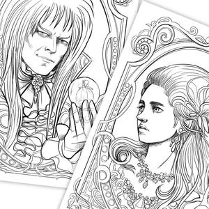 May include: Black and white line art illustration of two characters from the movie Labyrinth. The first character is a man with long hair and a crown, holding a crystal ball. The second character is a woman with long hair and a necklace, looking to the right.